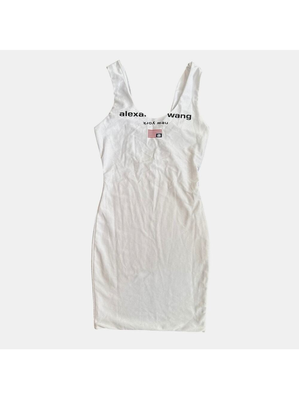 Alexander Wang Scoop Neck Low Back Stretch Tank Top Dress White Logo Flag XS